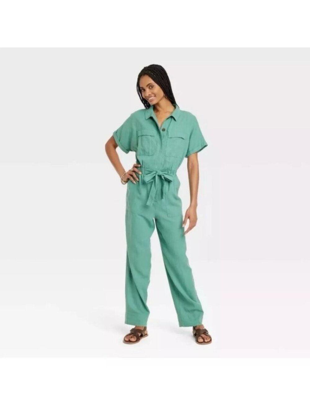 Universal Threads Womens 4 Jumpsuit Utility Green Short Sleeve Linen Blend NWT